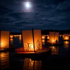 Floating lanterns in a night sky over a calm lake