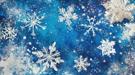 Stunning blue watercolor background with intricate white snowflakes, capturing the essence of winter magic and festive joy, perfect for merry christmas and happy new year ai