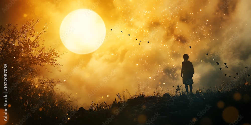 Poster silhouette of a child standing in front of a setting sun with flying fireflies and hazy clouds. conc