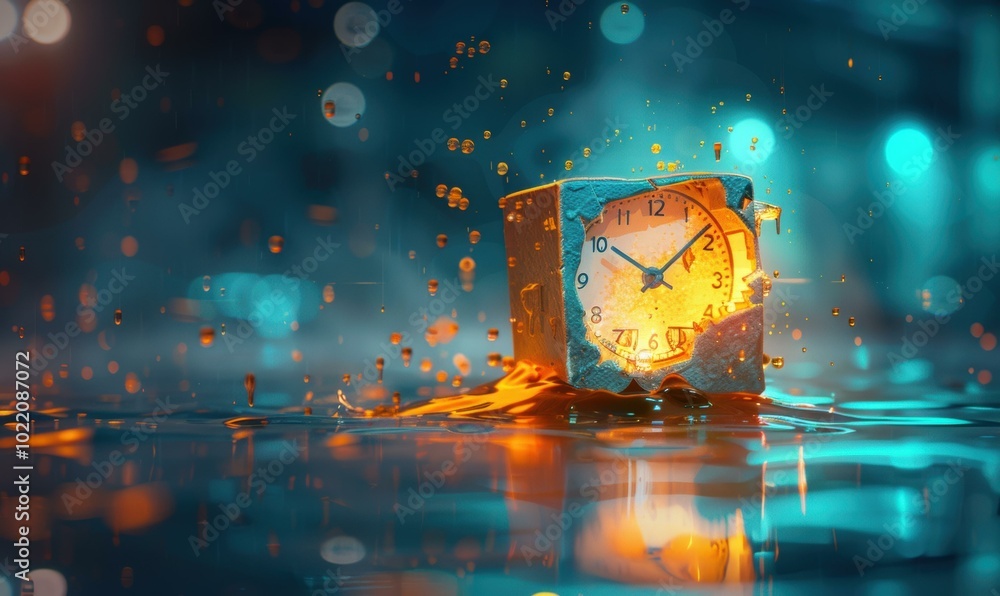 Poster a broken clock submerged in water with a glow emanating from its face. ai.