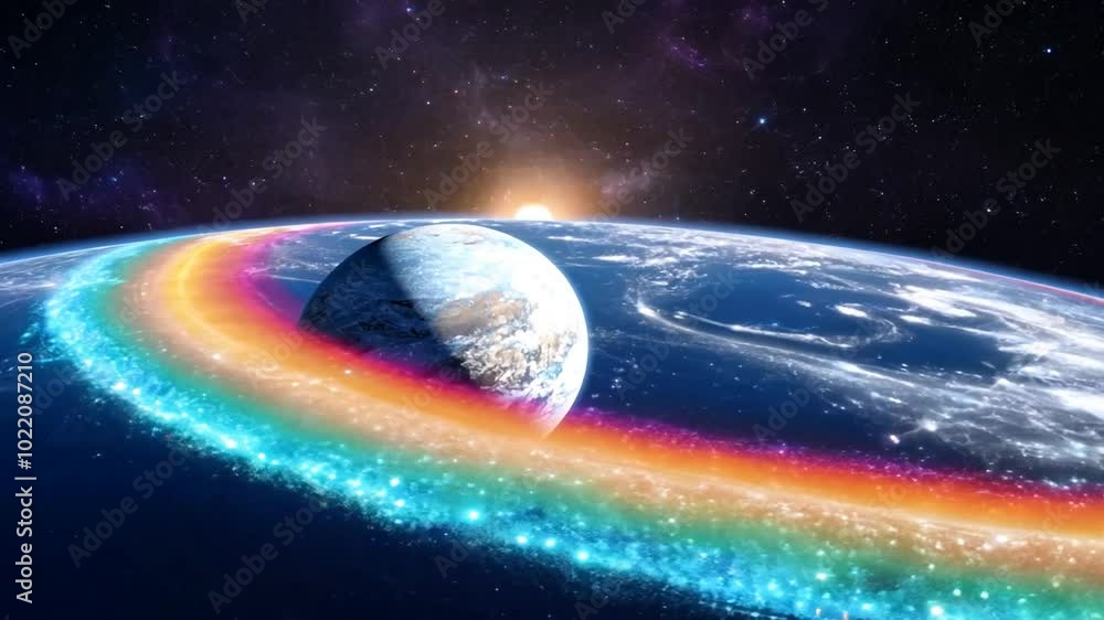Poster a planet with a rainbow aurora borealis glowing in space with a galaxy in the background.
