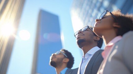 Three Colleagues Gazing at Skyscrapers, career-focused professionals with ambitions, business goals, teamwork, and success in an urban environment