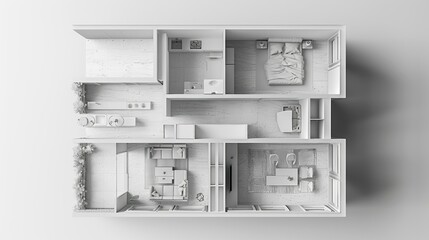Top view of an apartment floor plan with furniture outlined. AI.