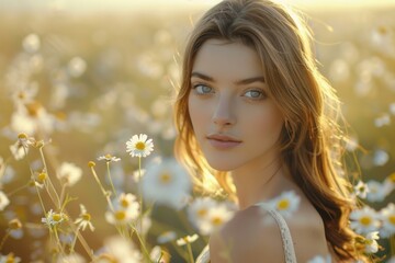 A woman with long blonde hair stands in a field of wildflowers. AI.