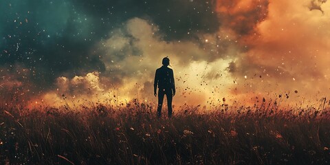 Fototapeta premium Silhouette of a man standing in a field with apocalyptic background