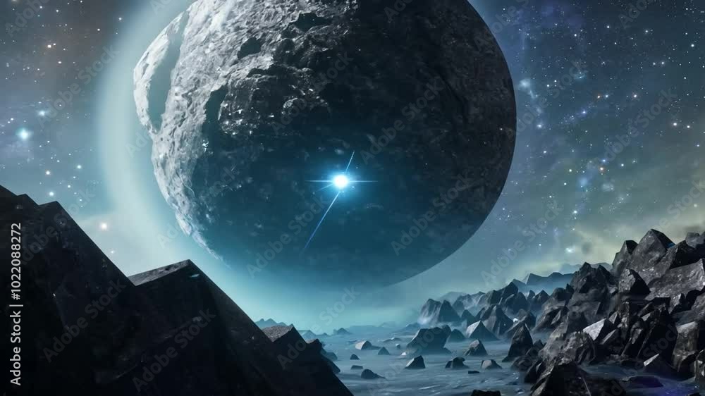 Poster a view of an alien world with a large moon in the sky. the landscape is covered with large, jagged r