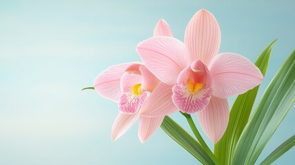 Naklejka premium Beautiful pink orchids against a soft blue background, symbolizing elegance and grace in nature's vibrant palette.