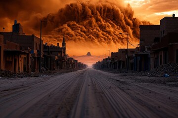 A massive sandstorm dramatically approaches a deserted town, casting an ominous shadow and creating a surreal, apocalyptic atmosphere under the burning sunset sky.