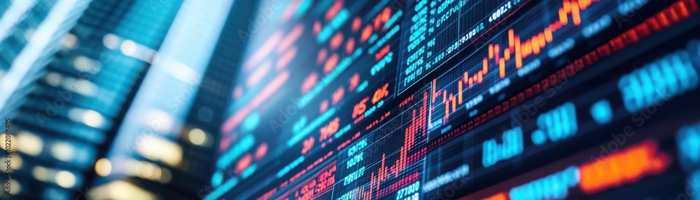 Poster close-up of a digital stock market display featuring fluctuating graphs and data, showcasing financi