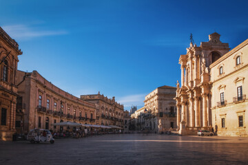 Panorama of an empty Piazza Duomo and of the Cathedral of Syracuse, Sicily, Italy. June 2023