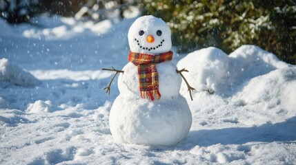 Cheerful snowman with orange scarf in snowy winter wonderland, spreading joy and festivity, merry christmas and happy new year, ai