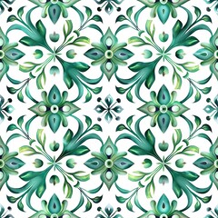 Fototapeta premium Ethnic folk ceramic tile in talavera style with green floral ornament. Italian pattern, traditional Portuguese and Spain decor. Mediterranean porcelain pottery isolated on white background