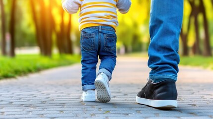 Father and Child Walking in Park at Sunset, AI