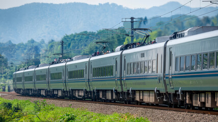 Fototapeta premium high-speed train racing through a green countryside with motion blur. The train is sleek and silver, with its body glinting in the sunlight. The train is cutting through vibrant fields.