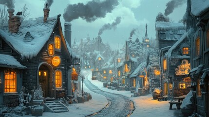 Fototapeta premium Enchanting snowy village street with glowing windows and falling snowflakes at twilight, conveying a warm and cozy atmosphere for merry christmas and happy new year. ai