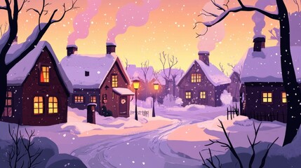 Cozy snow-covered village at sunset with lit windows and falling snowflakes for a festive merry christmas and happy new year scene ai