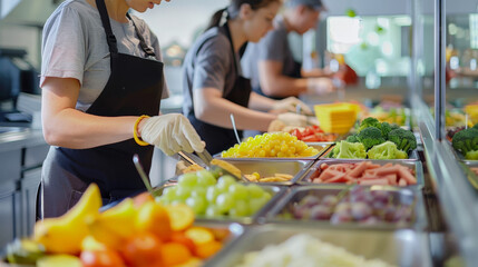 Healthy snack bar setup with cafeteria staff preparing fresh fruits and vegetables.