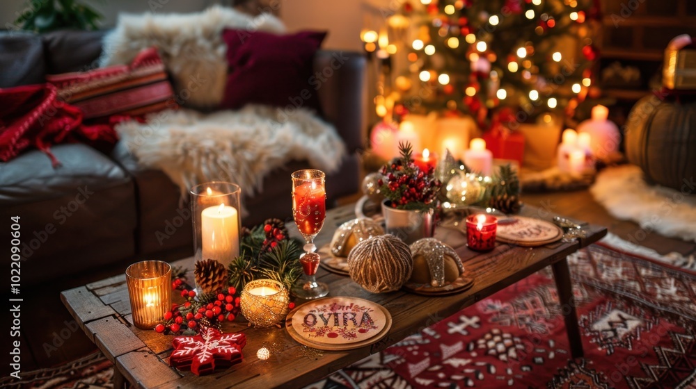 Poster Cozy Christmas Living Room Decor with Candles and Gifts