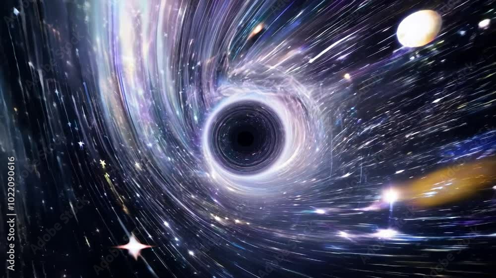 Poster black hole in space with colorful streams of light.