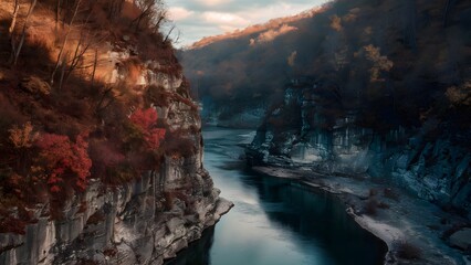 Tranquil river canyon in autumn with rocky cliffs