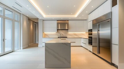 Modern kitchen design with white cabinets, marble backsplash and under cabinet lighting in the middle of long light gray wall, stainless steel refrigerator on right side, beige countertop at center