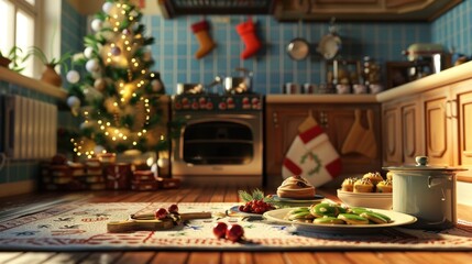 Naklejka premium Cozy Christmas Kitchen with Festive Decor and Treats