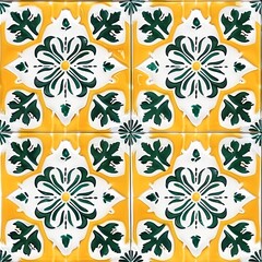Fototapeta premium Ethnic folk ceramic tile in talavera style with yellow and green floral ornament. Italian pattern, traditional Portuguese and Spain decor. Mediterranean porcelain pottery isolated on white background