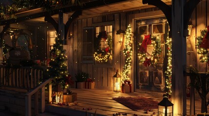 Fototapeta premium Cozy Holiday Front Porch with Festive Decorations