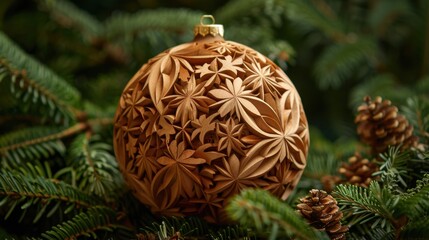 Intricate Wooden Ornament on Evergreen Branches