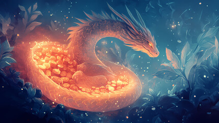 A captivating illustration of a dragon curled around a treasure hoard, with detailed scales and a mystical aura. Dragons Hoard. Illustration
