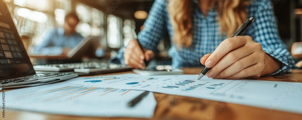 Poster close-up of a hand writing on a document with graphs and charts