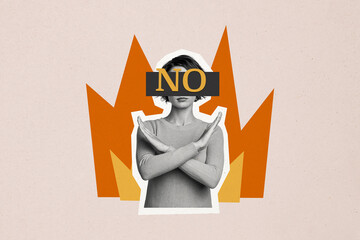 Creative image collage young girl block crossed hands gesture deny refuse no rejection burning...