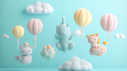 Colorful toys floating with balloons, white background