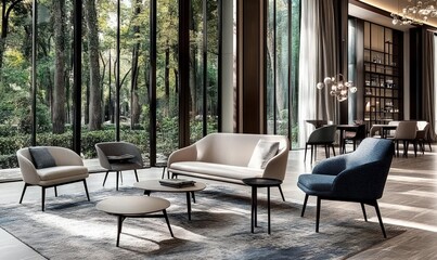 Modern living room interior with a sofa, armchairs, coffee tables, and a rug.