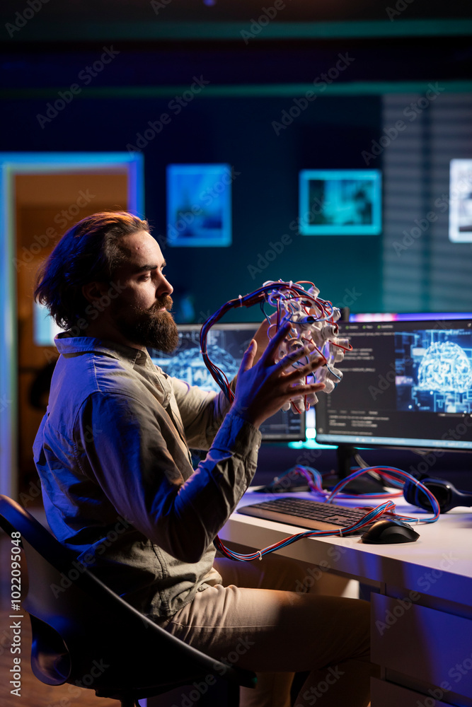 Poster scientist specializing in artificial intelligence putting eeg headset on to start uploading consciou