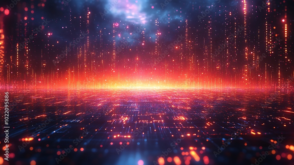Poster abstract digital landscape with glowing lines and particles.