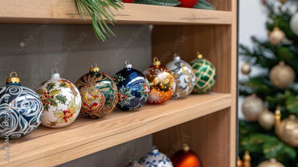 Poster Colorful Christmas Ornaments on Wooden Shelf