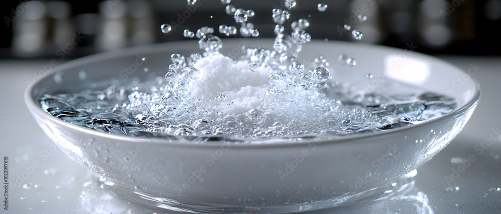 Poster a splash of salt dissolving in water, creating bubbles and ripples in a shallow dish.