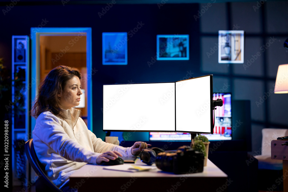 Poster freelancer working on mockup multi monitors setup for digital portfolio showcasing edited images. ph