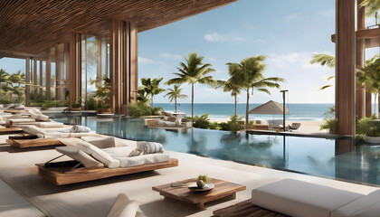 Fototapeta premium Relax on lounge chairs by the crystal-clear pool, surrounded by lush tropical gardens and breathtaking ocean views