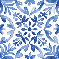 Fototapeta premium Ethnic folk ceramic tile in talavera style with navy blue floral ornament. Italian pattern, traditional Portuguese and Spain decor. Mediterranean porcelain pottery isolated on white background
