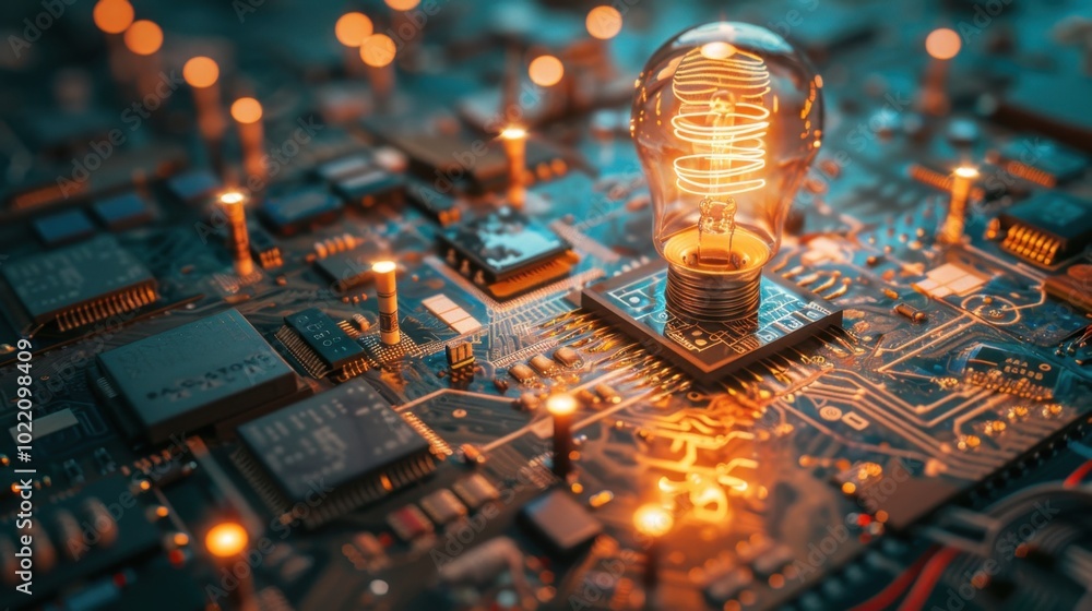 Aufkleber light bulb on circuit board with glowing elements
