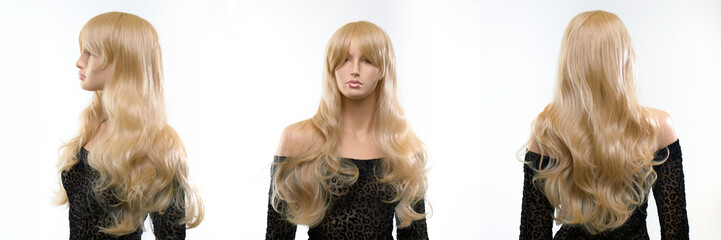 Obraz premium Blonde colored wig on mannequin head on white background in 3 perspectives, front, side, and back