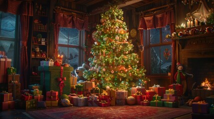 Festive Christmas Tree with Gifts and Cozy Atmosphere