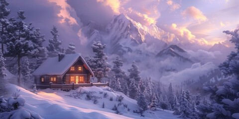 Fototapeta premium Experience the peacefulness of a winter holiday at a charming mountain cabin in the snowcovered peaks, perfect for unwinding in the serene beauty of nature and finding relaxation