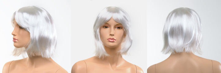 Blonde colored wig on mannequin head on white background in 3 perspectives, front, side, and back