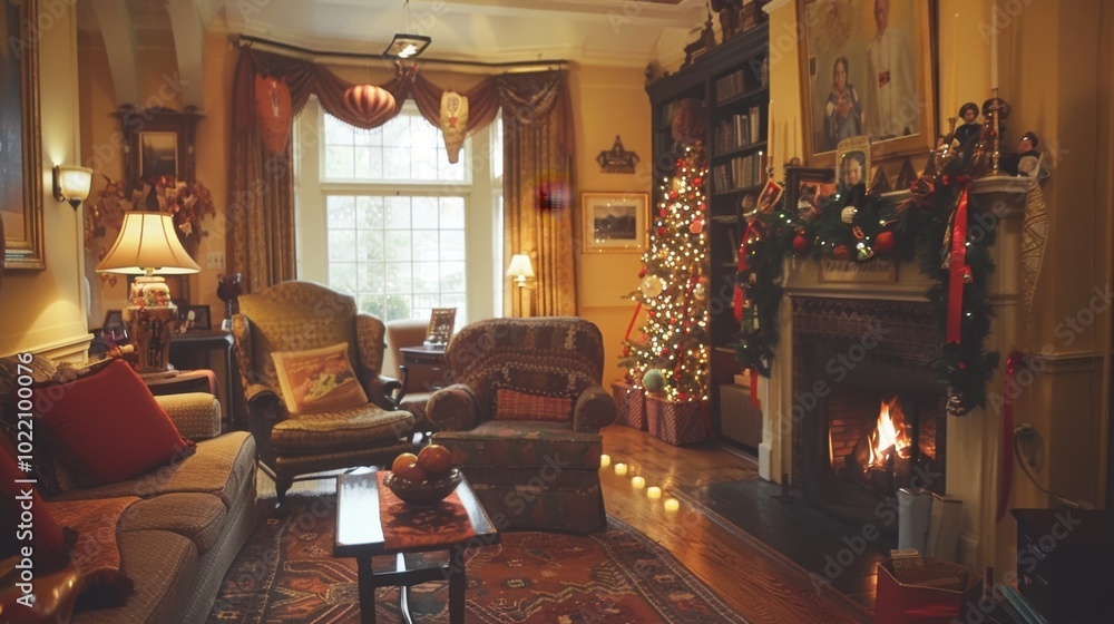 Sticker Cozy Holiday Living Room with Christmas Tree and Fireplace