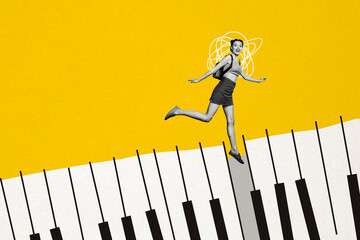 Creative trend collage of funny girl running piano keys enjoy music musician have fun template...