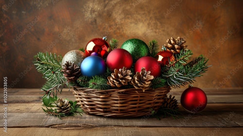 Sticker Festive Christmas Ornaments in a Decorative Basket