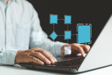 Businessman using a computer analysis for process and workflow automation with flowchart. Business...